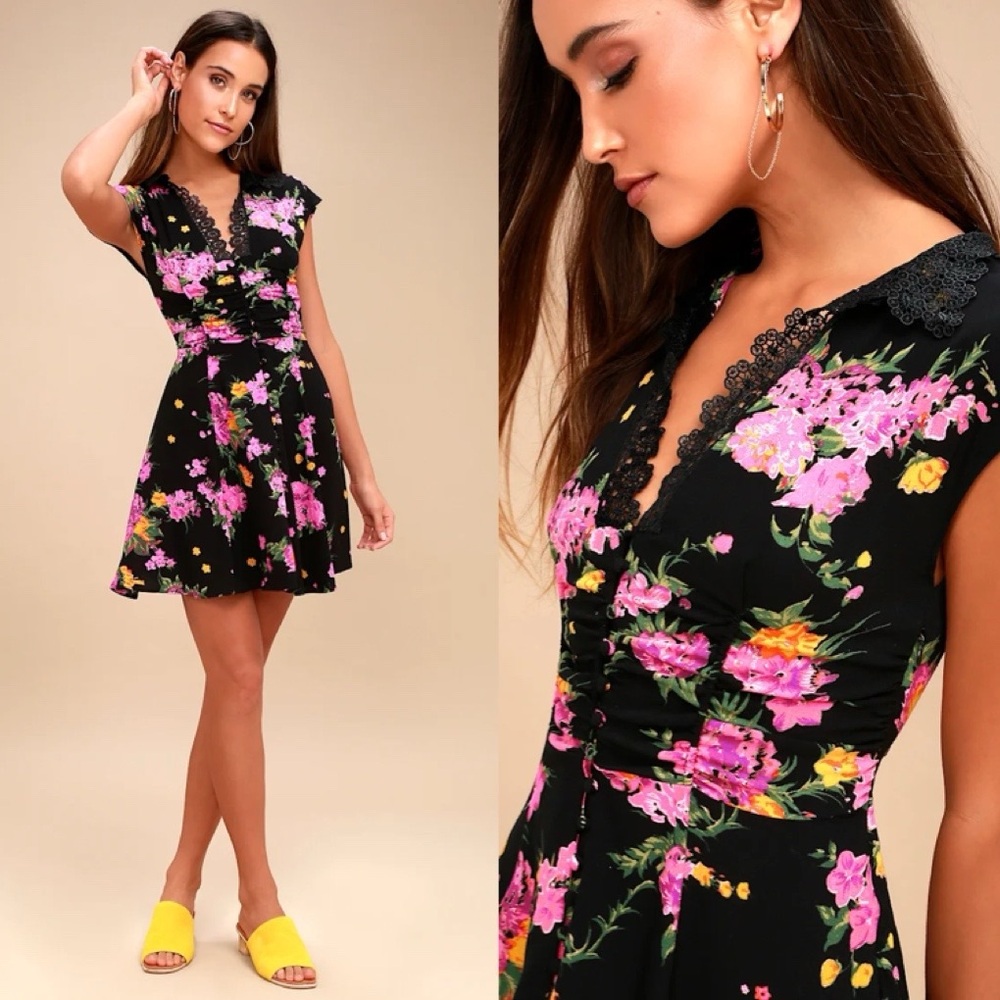 Free People Sz 8 Alora Mini Dress Black Pink Orange Floral Lace V Neck Buttons